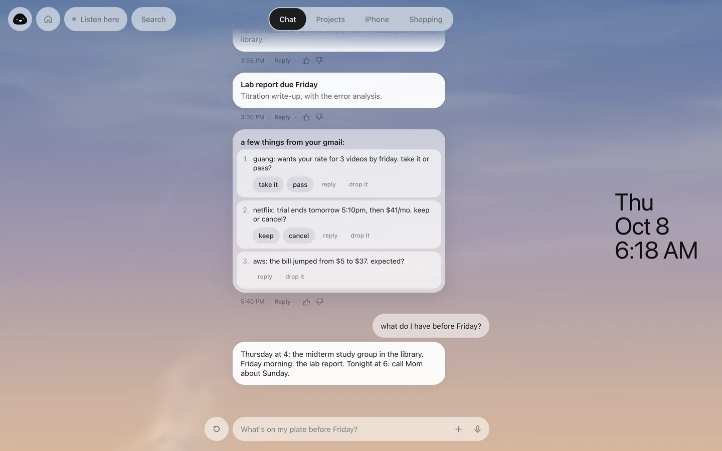 Nudgy on the web: the chat with a reminder, a few things from gmail, and an answer, on a made-up day.